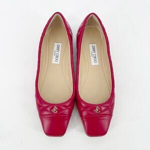 Jimmy Choo Leni Raspberry Quilted Leather Logo Square Toe Ballet Flats IT 39.5